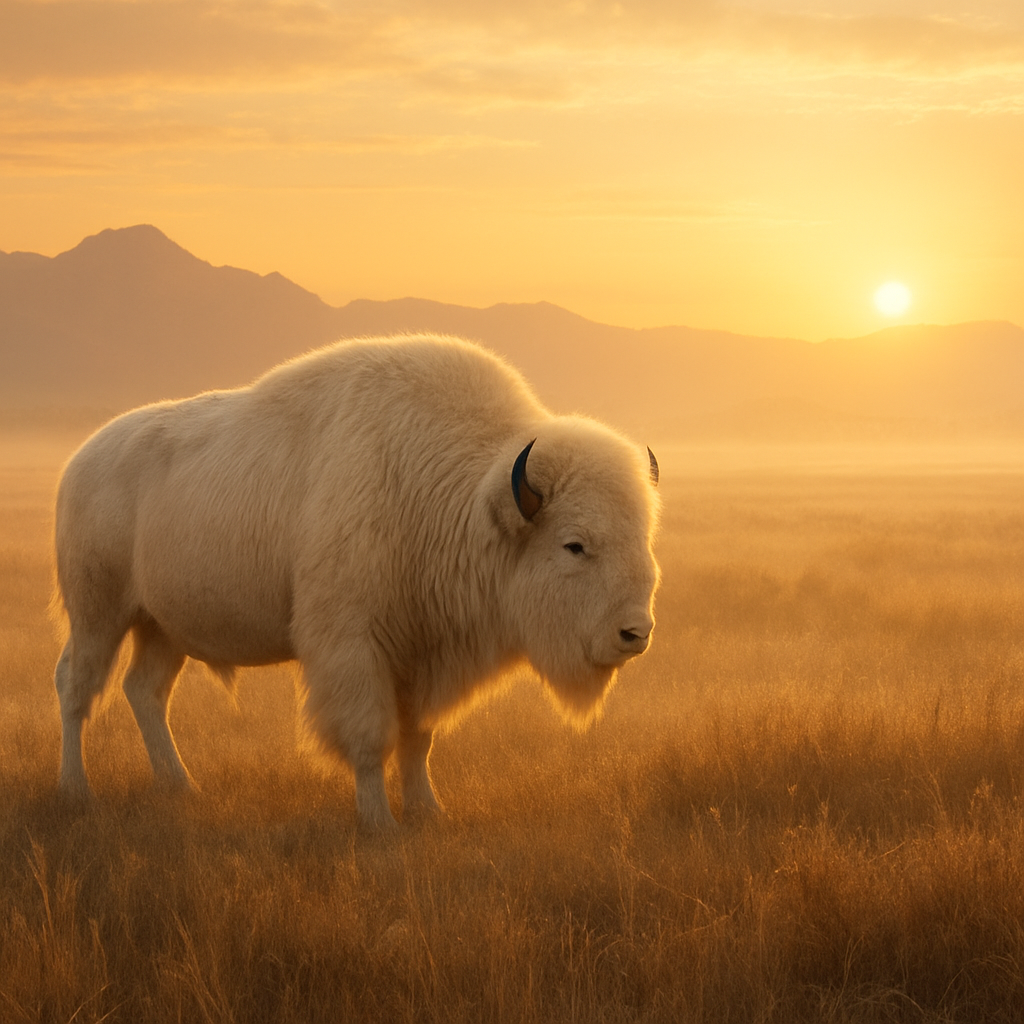 A white buffalo standing on the prairie at sunrise