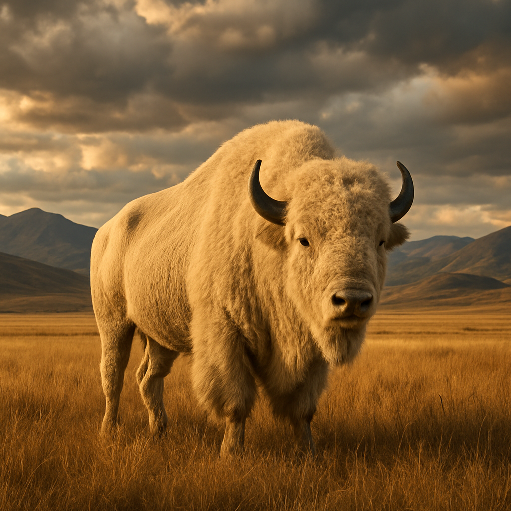 A white bison standing in golden prairie grassland with mountains behind